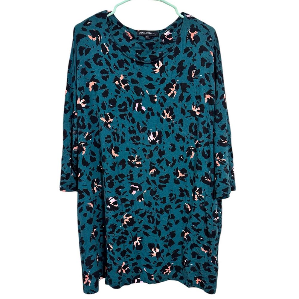 Capsule Teal Animal Print Tunic 3/4 Sleeve Shirt Viscose Blend Size 16/18
